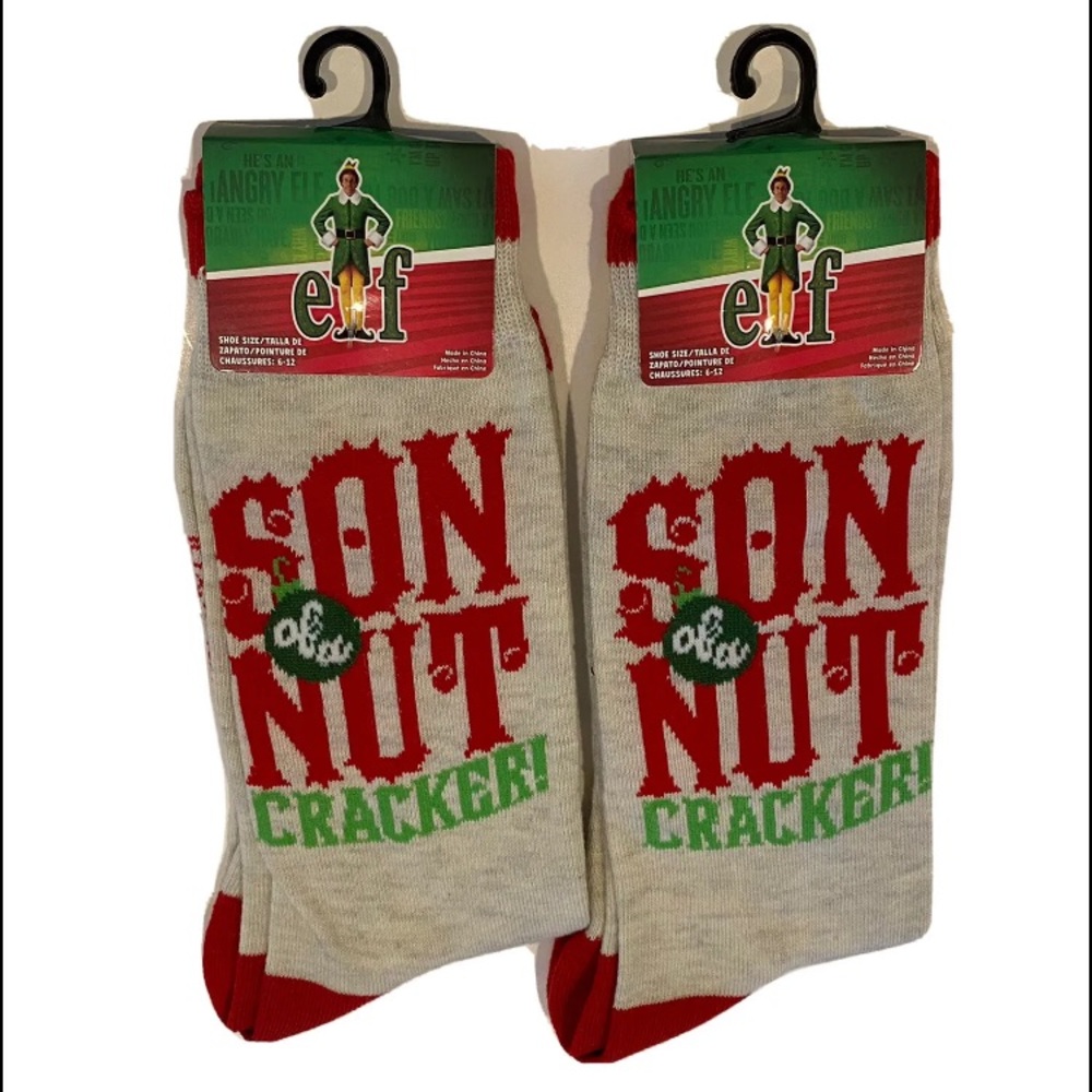 Elf Crew Socks 2 Pair Men 6-12 Red Green ‘Son Of A Nut Cracker’ Xmas Movie Buddy